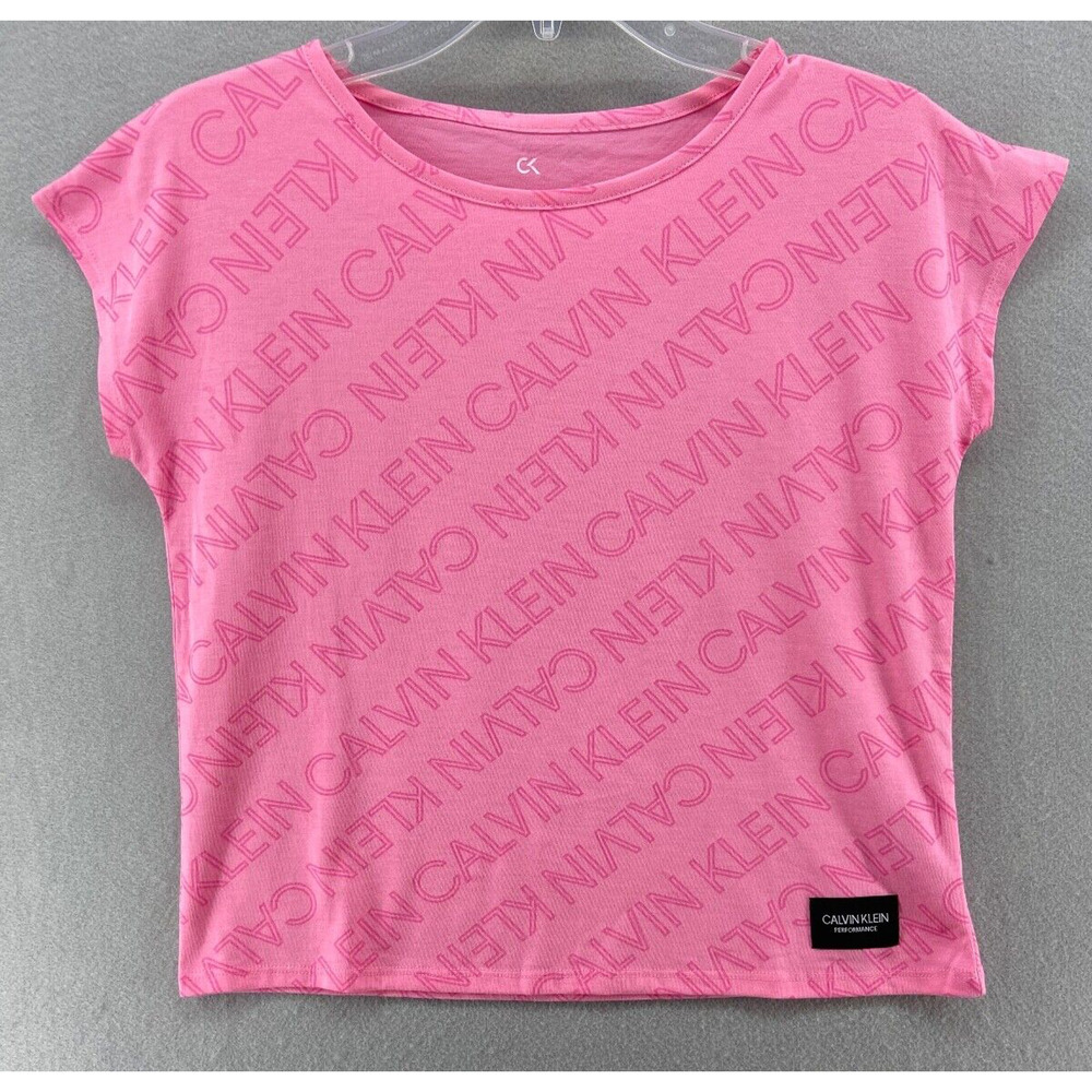 NWT Calvin Klein Performance‎ T-Shirt Woman L 12 14 Pink Cropped All Over Print